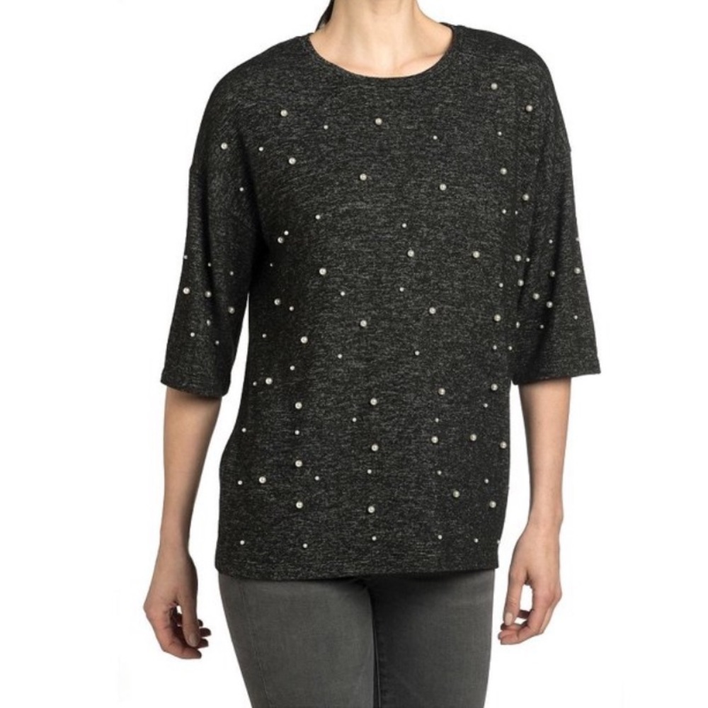 NEIMAN MARCUS Dark Grey Pearl Embellished Crewneck Quarter Sleeve Sweater Size L
